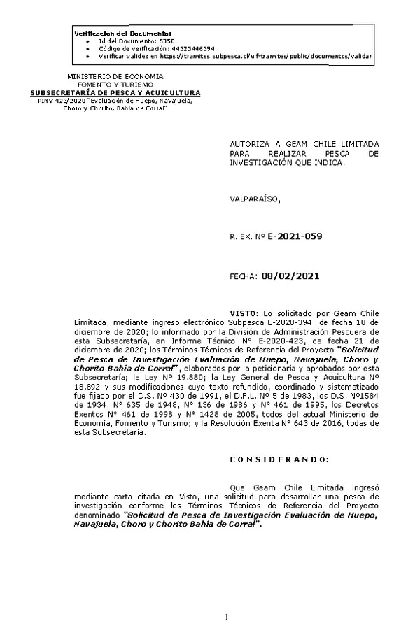 R. EX. N° E-2021-059 Autoriza a GEAM Chile Limitada para realizar pesca de investigación que indica (Publicado en Página Web 08-02-2021)
