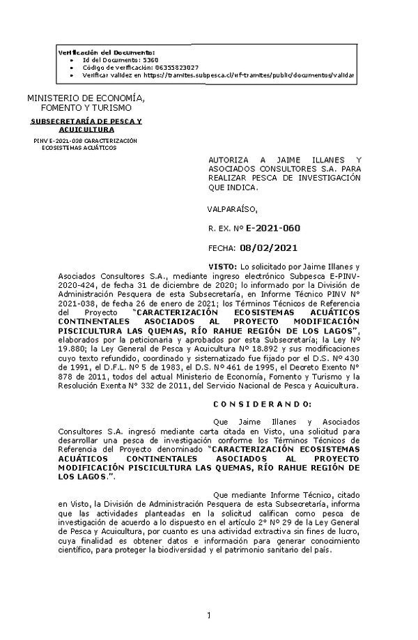 R. EX. N° E-2021-060 Autoriza a Jaime Illanes y Asociados Consultores S.A. para realizar pesca de investigación que indica (Publicado en Página Web 08-02-2021)