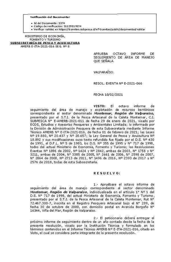 R. EX. N° E-2021-066 Aprueba octavo informe de seguimiento de Área de manejo que señala (Publicado en Página Web 10-02-2021).