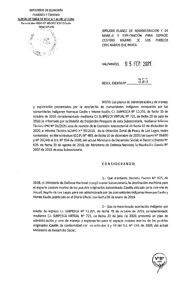 Res. Ex. N° 355-2021 Aprueba planes de administración y de manejo y explotación para ECMPO que indica. (Publicado en Página Web 11-02-2021)