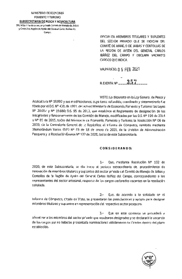 Res. Ex. N° 357-2021, Oficializa a miembros titulares y suplentes del sector privado que se indica del Comité de Manejo de jaibas y centollas de la región de Aysén del General Carlos Ibáñez del Campo y declara vacantes cargos que indica. (Publicado en Página Web 11-02-2021)