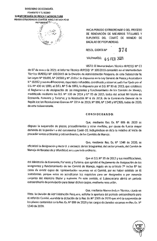 Res. Ex. N° 374-2021 Inicia proceso extraordinario del proceso de renovación de miembros titulares y suplentes del Comité de Manejo de Bacalao de Profundidad. (Publicado en Página Web 11-02-2021)