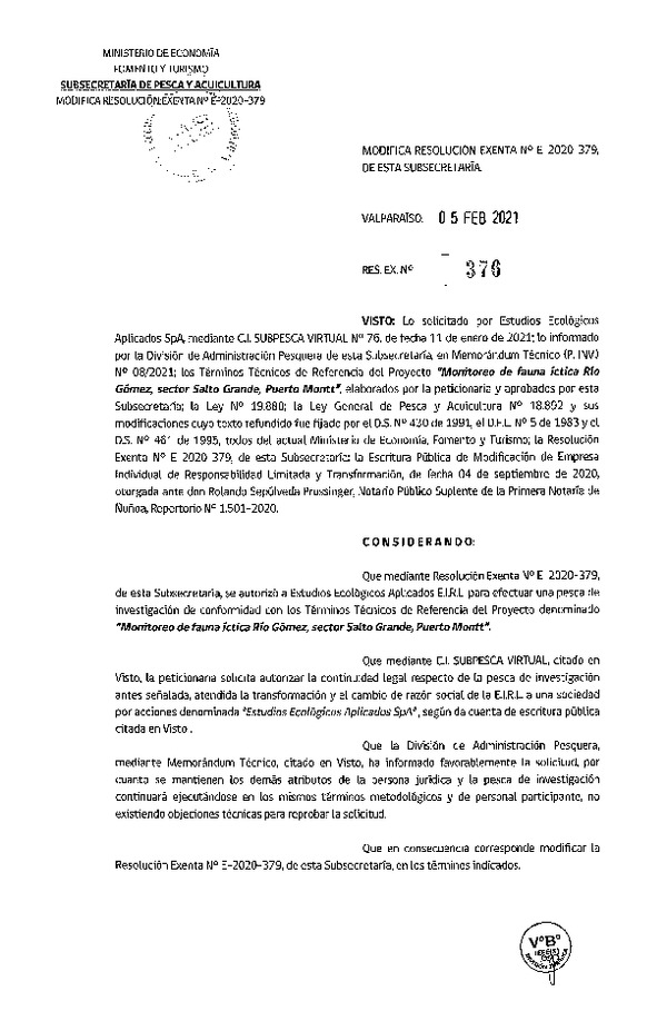 Res. Ex. N° 376-2021, Modifica Resolución Exenta N°E-2020-379, de esta Subsecretaría. (Publicado en Página Web 11-02-2021)