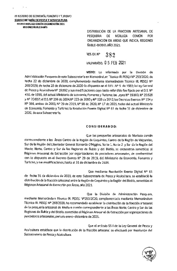 Res. Ex. N° 382-2021 Distribución de la fracción artesanal de Pesquería de Merluza Común por organización en áreas que indica, regiones Ñuble-Biobío, Año 2021. (Publicado en Página Web 11-02-2021)