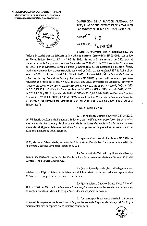 Res. Ex. N° 383-2021 Distribución de la fracción artesanal de Pesquería de Anchoveta y Sardina Común en las regiones del Ñuble y del Biobío, Año 2021. (Publicado en Página Web 11-02-2021)