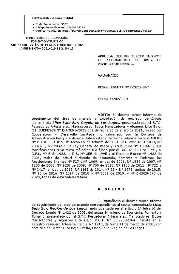 Res Ex N° E-2021-067, Aprueba décimo tercer informe de Seguimiento de área de manejo que señala. (Publicado en Página Web 11-02-2021)