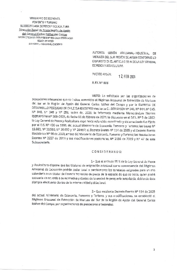Res. Ex. N° 008-2021 (DZP Región de Aysén) Autoriza cesión Merluza del Sur.