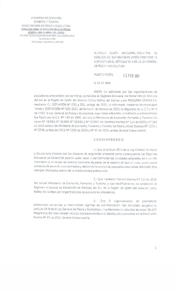 Res. Ex. N° 009-2021 (DZP Región de Aysén) Autoriza cesión Merluza del Sur.