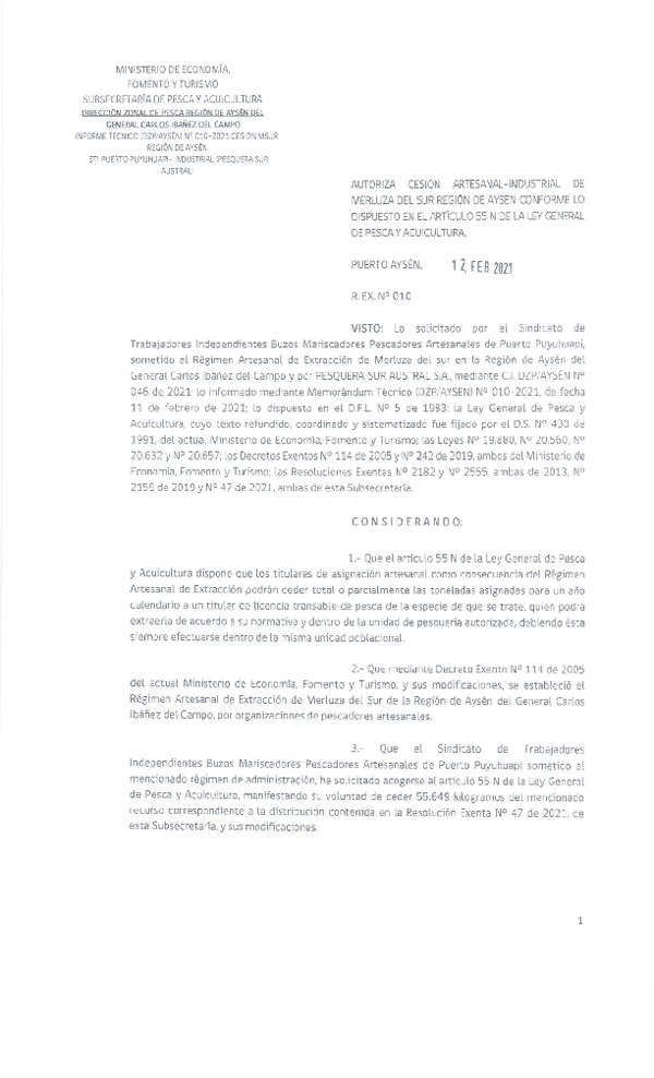 Res. Ex. N° 010-2021 (DZP Región de Aysén) Autoriza cesión Merluza del Sur.