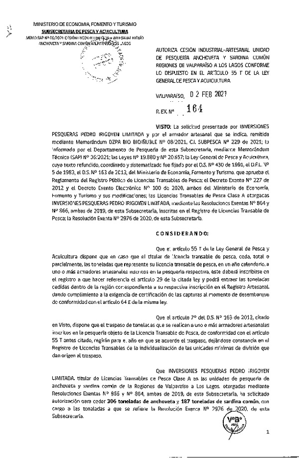 Res. Ex. N° 164-2021 Autoriza cesión pesquería Anchoveta y Sardina común, Regiones de Valparaíso a Los Lagos. (Publicado en Página Web 16-02-2021)