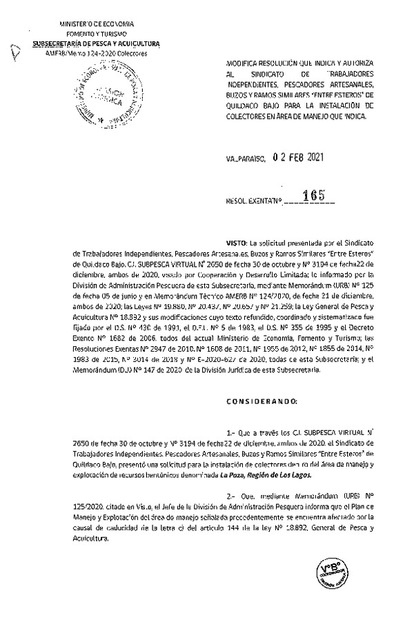 Res. Ex. N° 165-2021 Autoriza Instalación de colectores. (Publicado en Página Web 16-02-2021)