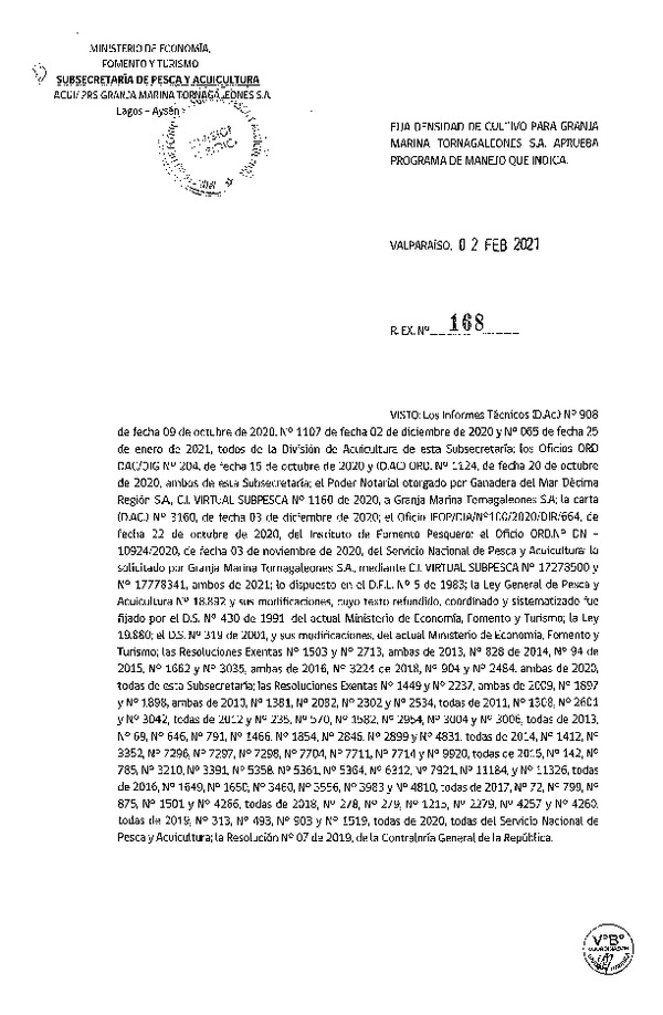 Res. Ex. 168-2021 Fija densidad de cultivo para concesiones de acuicultura de Granja Marina Tornagaleones S.A.. (Con Informe Técnico) (Publicado en Página Web 16-02-2021)