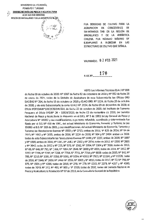 Res. Ex. 170-2021 Fija densidad de cultivo para concesiones de salmónidos 54B. Región de Magallanes. (Con Informe Técnico) (Publicado en Página Web 16-02-2021)