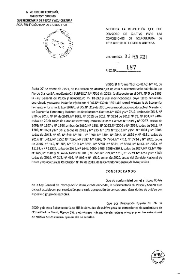 Res. Ex. N° 187-2021 Modifica Res. Ex N° 76-2020, Fija densidad de cultivo para las concesiones de acuicultura de titularidad de Fiordo Blanco S.A., aprueba programa de manejo que indica. (Con Informe Técnico) (Publicado en Página Web 16-02-2021).