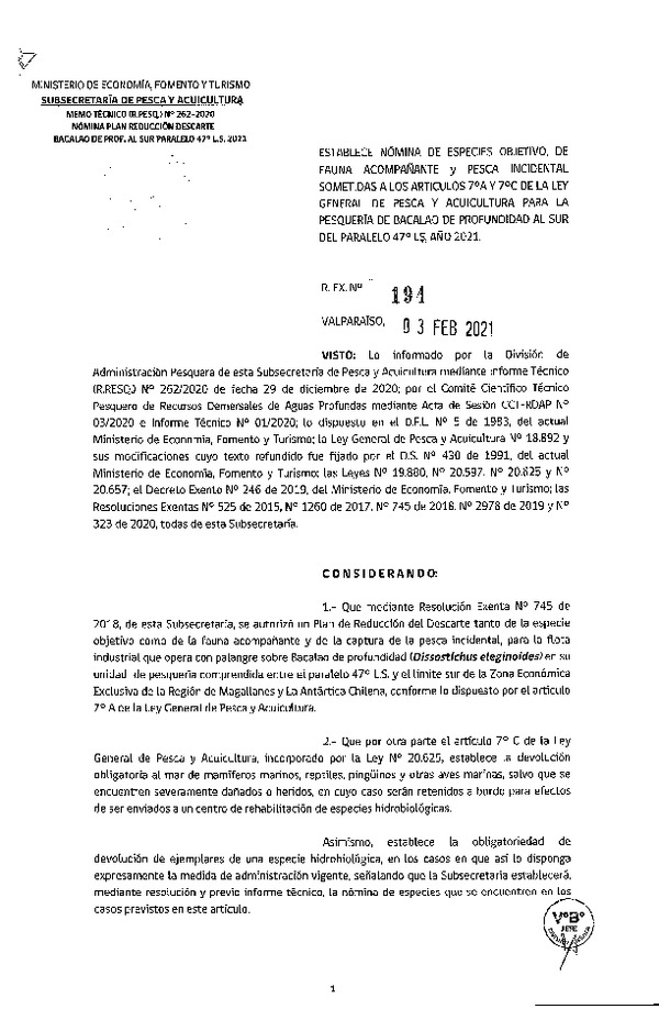 Res. Ex. N° 194-2021, Establece nómina de especies objetivo, de fauna acompañante y de pesca incidental sometidas a los artículos 7°A y 7°C de la Ley General de Pesca y Acuicultura para Pesquería de Bacalao de Profundidad, Año 2021. (Publicado en Página Web 16-02-2021)