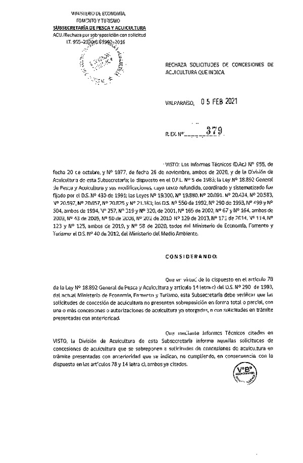 Res. Ex. N° 379-2021 Rechaza solicitudes de concesiones de acuicultura que indica.