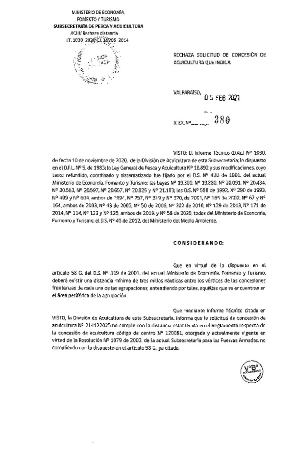 Res. Ex. N° 380-2021 Rechaza solicitud de concesión de acuicultura que indica.