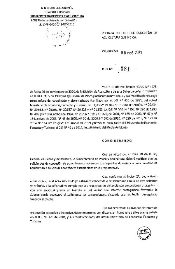 Res. Ex. N° 381-2021 Rechaza solicitud de concesión de acuicultura que indica.