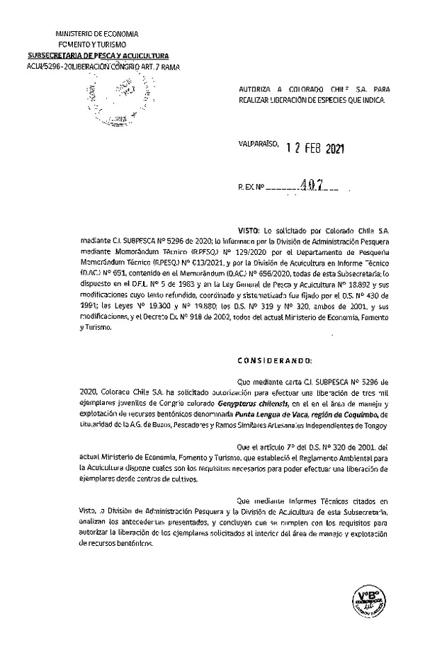 Res. Ex. N° 407-2021 Autoriza liberación de especies que indica. (Publicado en Página Web 16-02-2021)