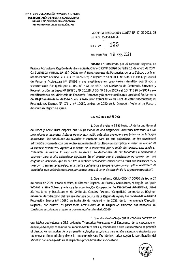 Res. Ex. N° 455-2021 Modifica Res. Ex. N° 47-2021 Distribución de la Fracción Artesanal de Pesquería de Merluza del Sur por Organizaciones, Región de Aysén, Año 2021. (Publicado en Página Web 16-02-2021)