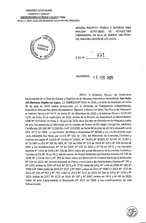 Res. Ex N° 451-2021 Aprueba proyecto técnico y autoriza para realizar actividades de acuicultura experimental en Área de manejo San Pedro del Manzano, Región de Los Lagos. (Publicado en Página Web 16-02-2021).