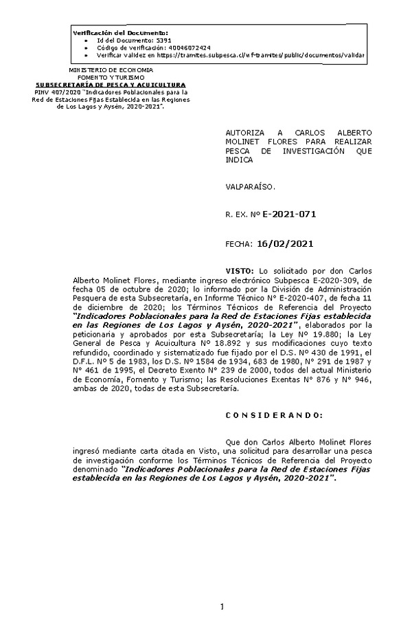 R. EX. Nº E-2021-071 Indicadores Poblacionales para la Red de Estaciones Fijas establecida en las Regiones de Los Lagos y Aysén, 2020-2021. (Publicado en Página Web 16-02-2021)