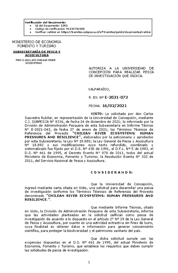 R. EX. Nº E-2021-072 CHILEAN RIVER ECOSYSTEMS: HUMAN PRESSURES AND RESILIENCE. (Publicado en Página Web 16-02-2021)