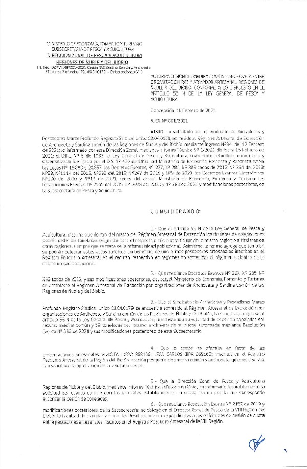 Res. Ex. N° 001-2021 (DZP Ñuble y del Biobío) Autoriza cesión Sardina Común y Anchoveta Región de Ñuble-Biobío (Publicado en Página Web 18-02-2021)