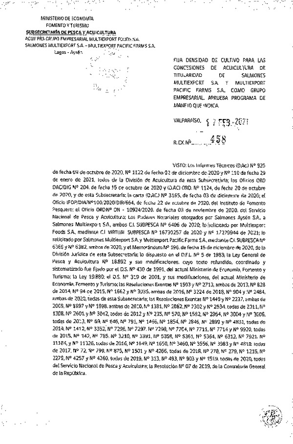 Res. Ex N° 458-2021 Fija densidad de cultivo para las concesiones de acuicultura de titularidad de Salmones Multiexport S.A. y Multiexport Pacific Farms S.A., como grupo empresarial. (Con Informe Técnico) (Publicado en Página Web 18-02-2021).