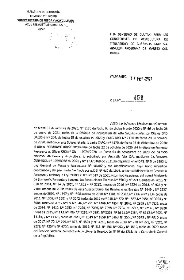 Res. Ex N° 459-2021 Fija densidad de cultivo para las concesiones de acuicultura de titularidad de Australis Mar S.A. (Con Informe Técnico) (Publicado en Página Web 18-02-2021).