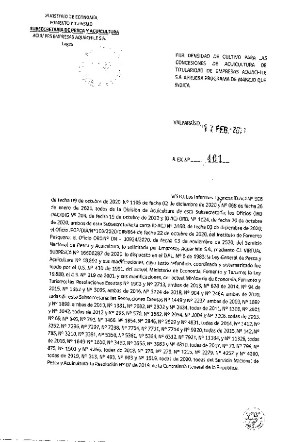 Res. Ex N° 461-2021 Fija densidad de cultivo para las concesiones de acuicultura de Empresas Aquachile S.A. (Con Informe Técnico) (Publicado en Página Web 18-02-2021).