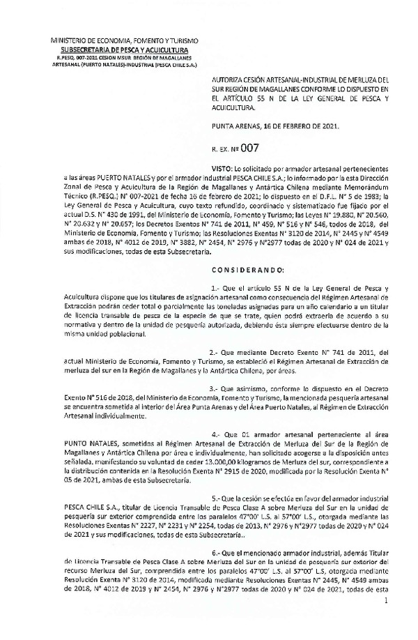 Res. Ex. N° 007-2021 (DZP Región de Magallanes) Autoriza cesión Merluza del Sur. (Publicado en Página Web 18-02-2021)