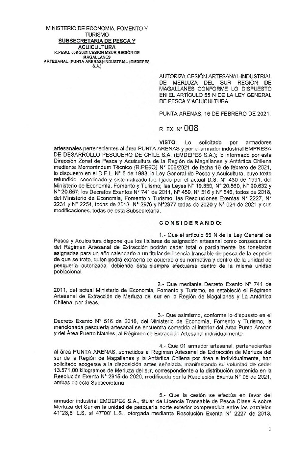 Res. Ex. N° 008-2021 (DZP Región de Magallanes) Autoriza cesión Merluza del Sur. (Publicado en Página Web 18-02-2021)