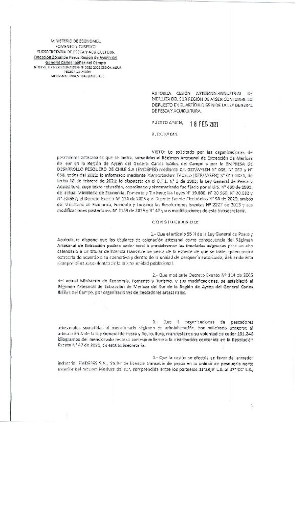 Res. Ex. N° 011-2021 (DZP Región de Aysén) Autoriza cesión Merluza del Sur. (Publicado en Página Web 18-02-2021)