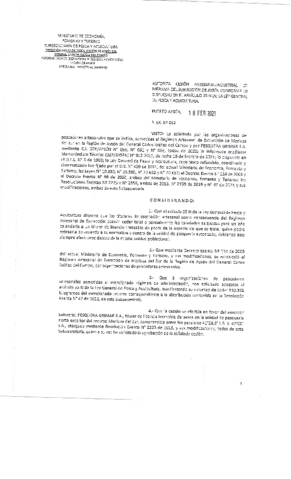 Res. Ex. N° 012-2021 (DZP Región de Aysén) Autoriza cesión Merluza del Sur. (Publicado en Página Web 18-02-2021)