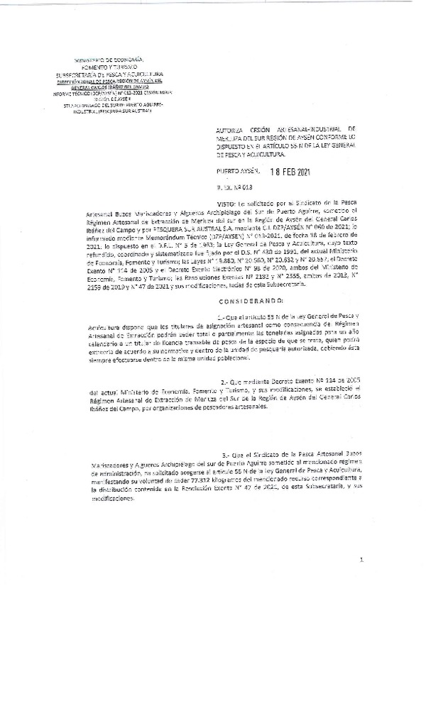 Res. Ex. N° 013-2021 (DZP Región de Aysén) Autoriza cesión Merluza del Sur. (Publicado en Página Web 18-02-2021)