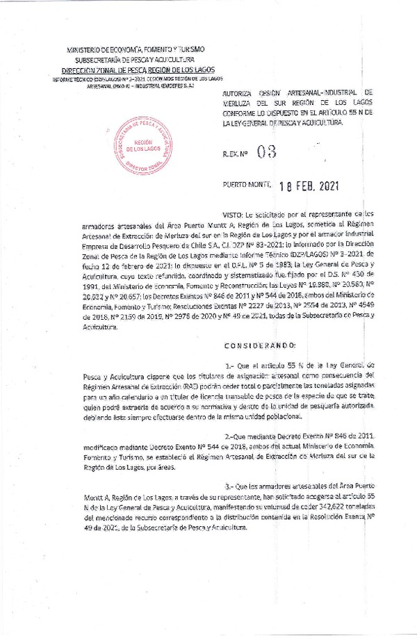 Res. Ex. N° 03-2021 (DZP Región de Los Lagos) Autoriza cesión Merluza del Sur (Publicado en Página Web 18-02-2021).