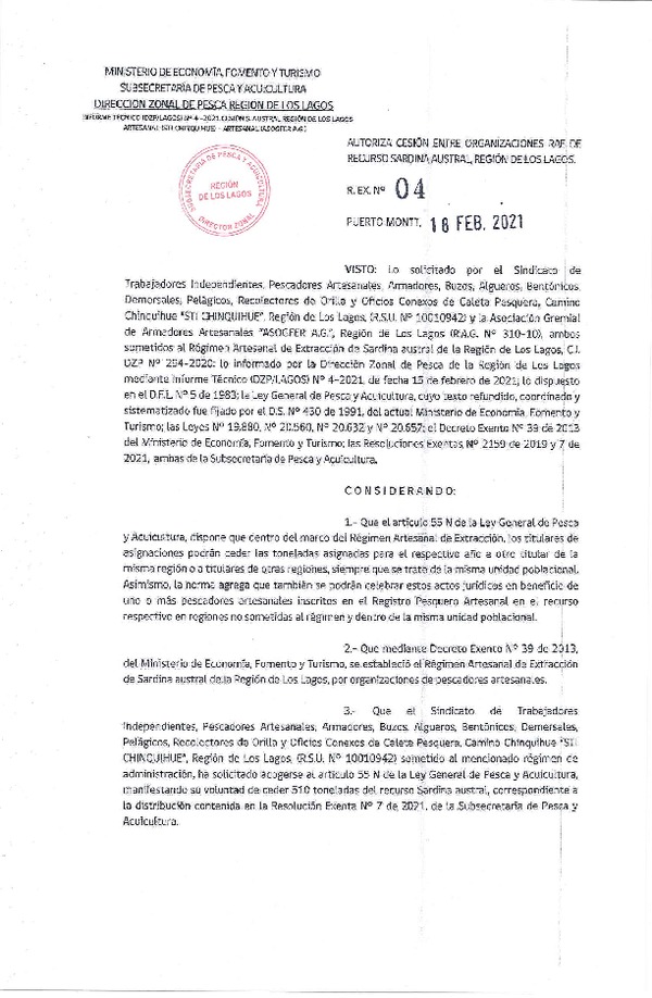 Res. Ex. 04-2021 (DZP Los Lagos) Autoriza cesión sardina austral Región de Los Lagos. (Publicado en Página Web 18-01-2021)