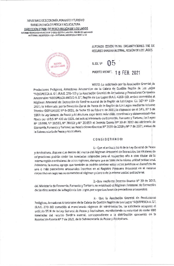 Res. Ex. 05-2021 (DZP Los Lagos) Autoriza cesión sardina austral Región de Los Lagos. (Publicado en Página Web 18-01-2021)