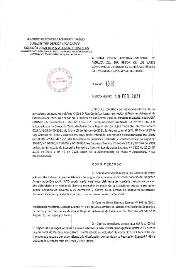 Res. Ex. N° 06-2021 (DZP Región de Los Lagos) Autoriza cesión Merluza del Sur (Publicado en Página Web 19-02-2021).