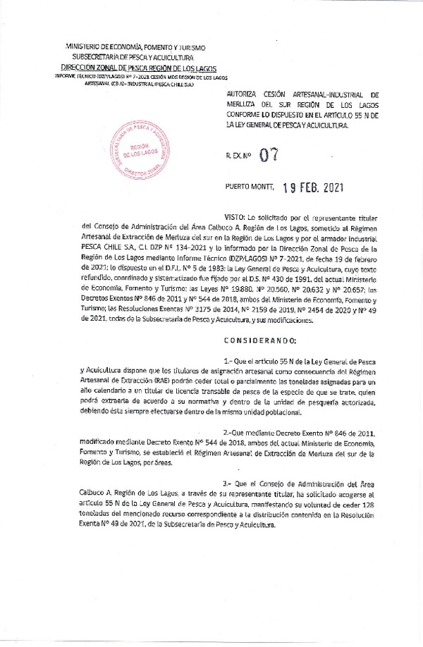 Res. Ex. N° 07-2021 (DZP Región de Los Lagos) Autoriza cesión Merluza del Sur (Publicado en Página Web 19-02-2021).