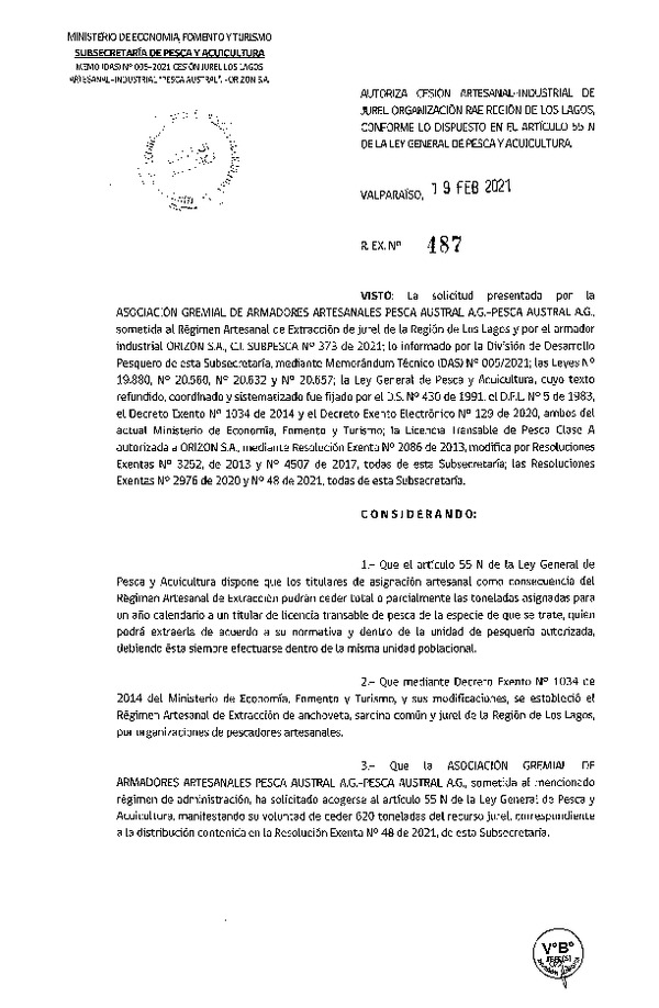 Res Ex N° 487-2021, Autoriza Cesión de Jurel Región de Los Lagos. (Publicado en Página Web 22-02-2021).