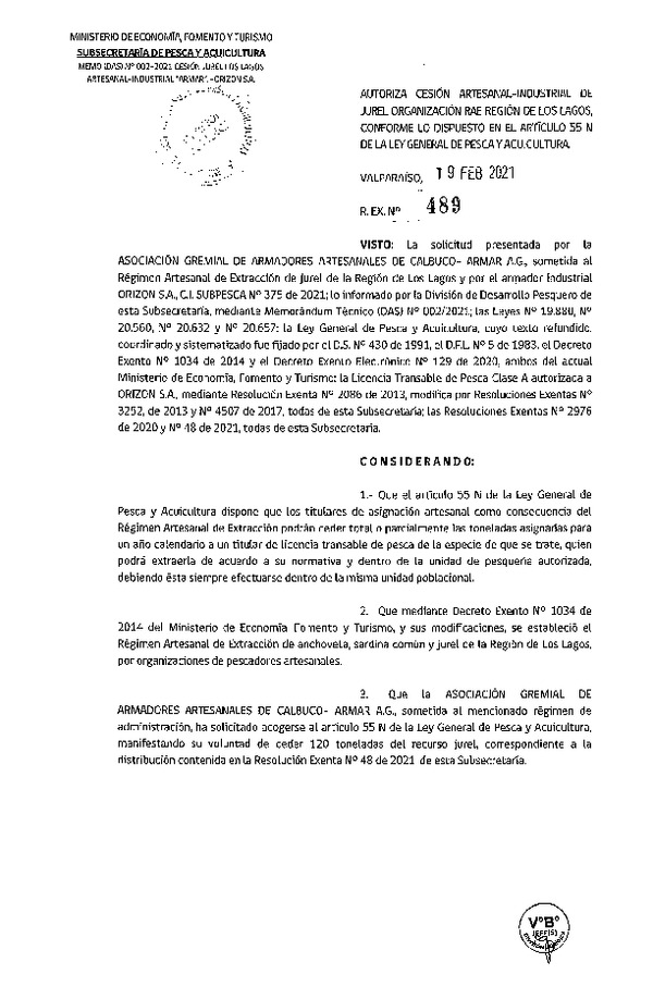 Res Ex N° 489-2021, Autoriza Cesión de Jurel Región de Los Lagos. (Publicado en Página Web 22-02-2021).