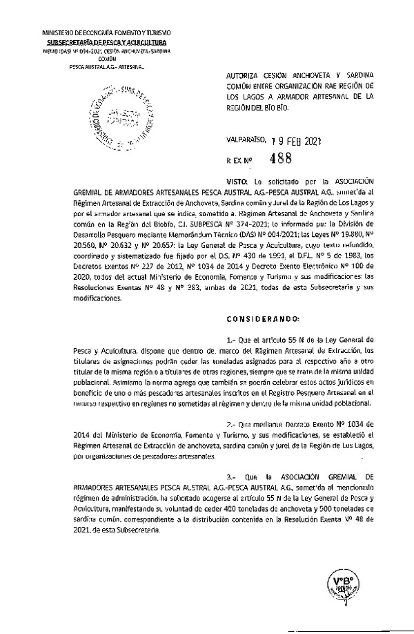 Res. Ex. N° 488-2021 Autoriza Cesión anchoveta y sardina común Región de Los Lagos a Región del Biobío. (Publicado en Página Web 22-02-2021)