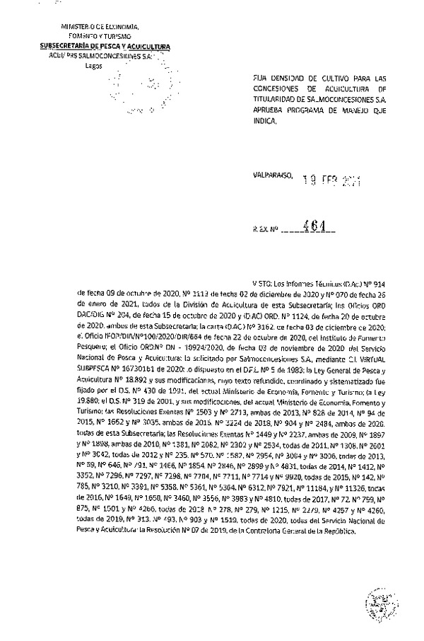 Res. Ex N° 464-2021 Fija densidad de cultivo para las concesiones de acuicultura de Salmoconcesiones S.A. (Con Informe Técnico) (Publicado en Página Web 23-02-2021).