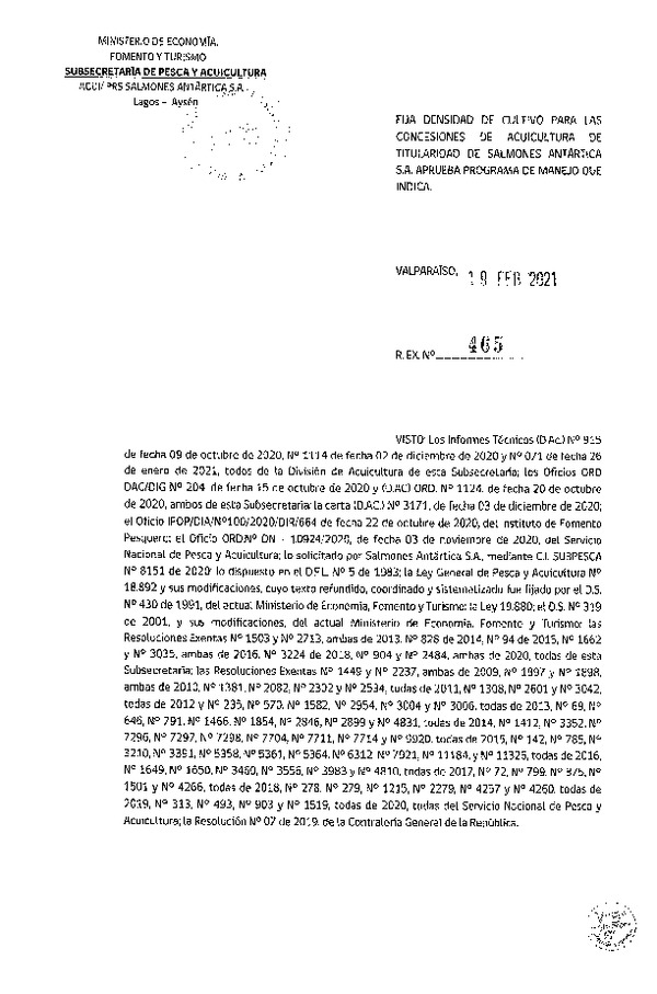 Res. Ex N° 465-2021 Fija densidad de cultivo para las concesiones de acuicultura de Salmones Antártica S.A. (Con Informe Técnico) (Publicado en Página Web 23-02-2021).