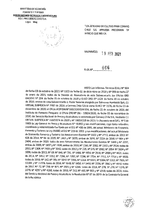 Res. Ex N° 466-2021 Fija densidad de cultivo para las concesiones de acuicultura de Cermaq Chile S.A. (Con Informe Técnico) (Publicado en Página Web 23-02-2021).