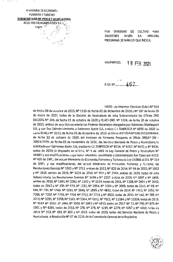 Res. Ex N° 467-2021 Fija densidad de cultivo para las concesiones de acuicultura de Salmones Aysén S.A. (Con Informe Técnico) (Publicado en Página Web 23-02-2021).