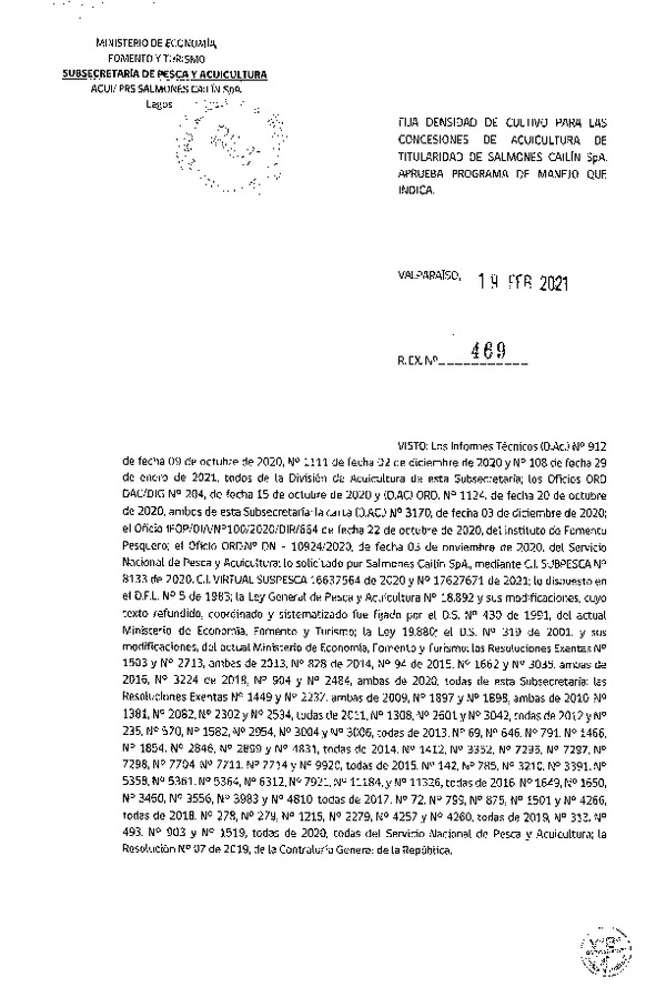 Res. Ex N° 469-2021 Fija densidad de cultivo para las concesiones de acuicultura de Salmones Cailín SpA (Con Informe Técnico) (Publicado en Página Web 23-02-2021).