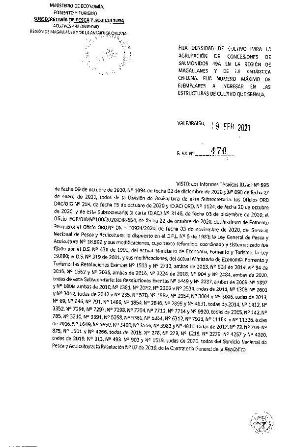 Res. Ex N° 470-2021 Fija densidad de cultivo para las concesiones de de Salmonidos 49A, Región de Magallanes y de La Atártica Chilena. (Con Informe Técnico) (Publicado en Página Web 23-02-2021). (F.D.O. 24-02-2021)